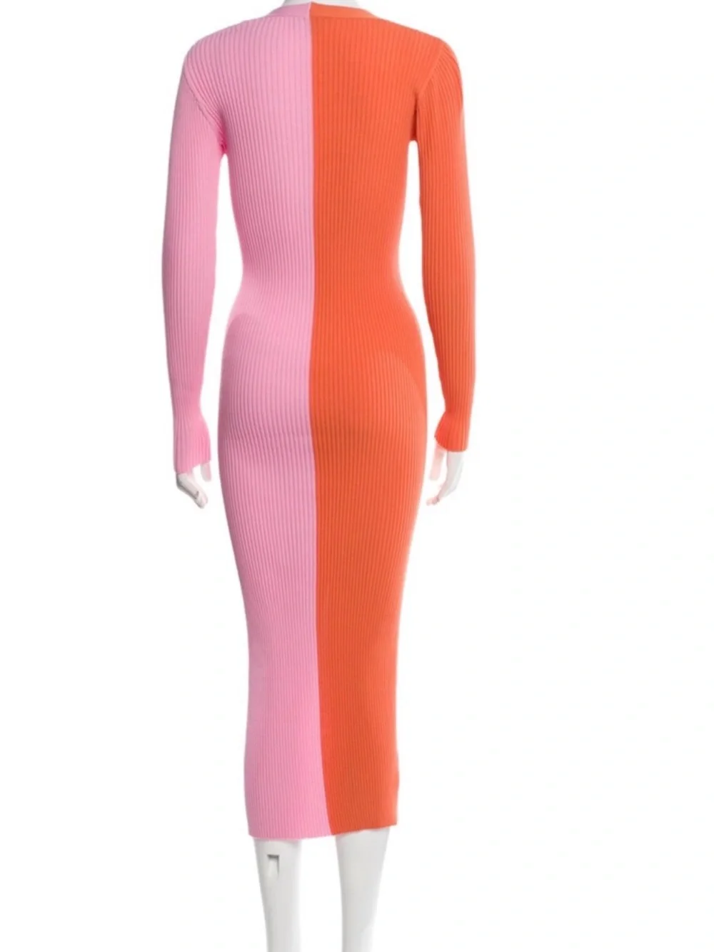 STAUD Two-Tone Ribbed Button-Front Midi Dress in Orange and Pink - Picture 3 of 5